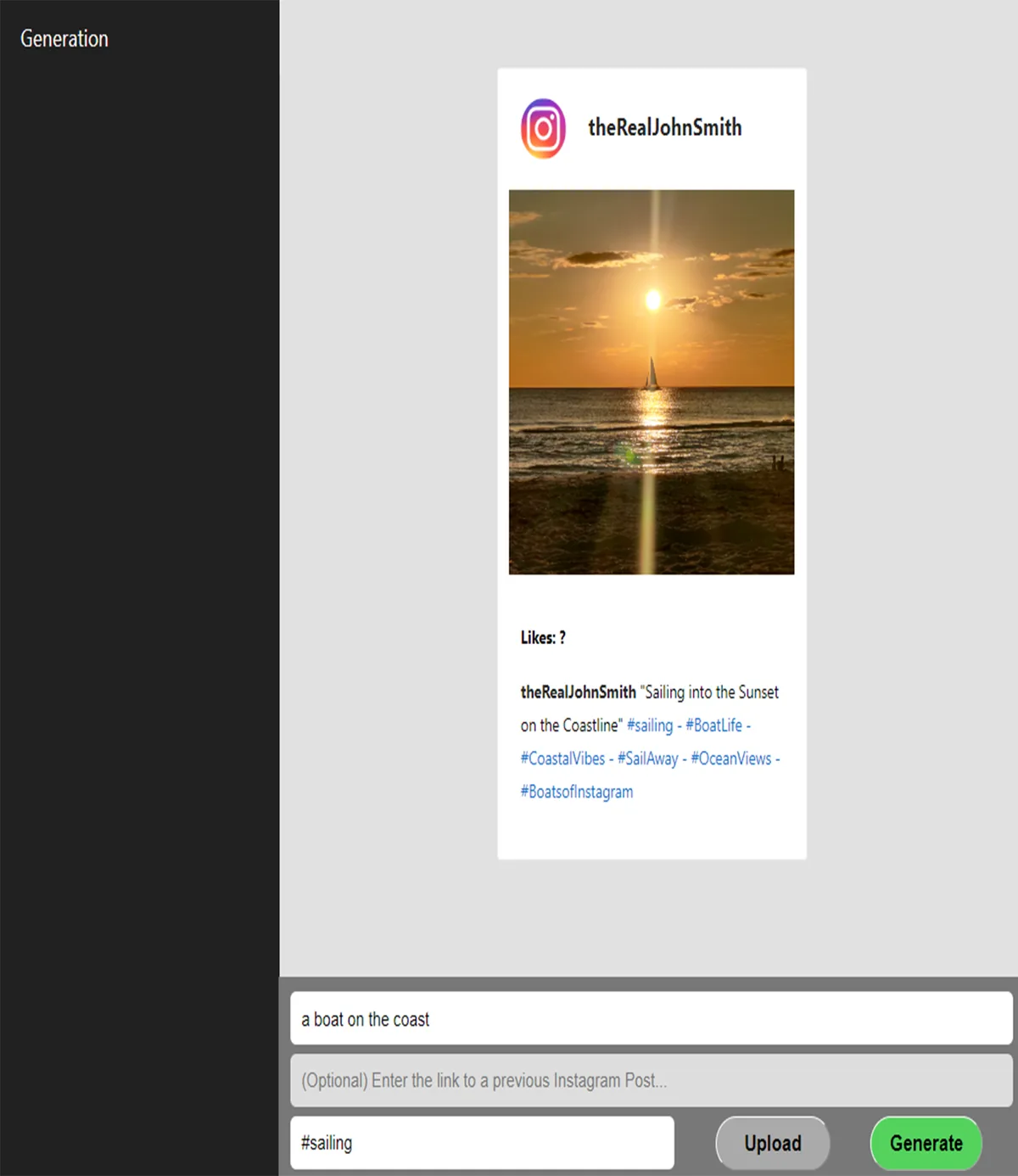 ChatGPTInsta application interface