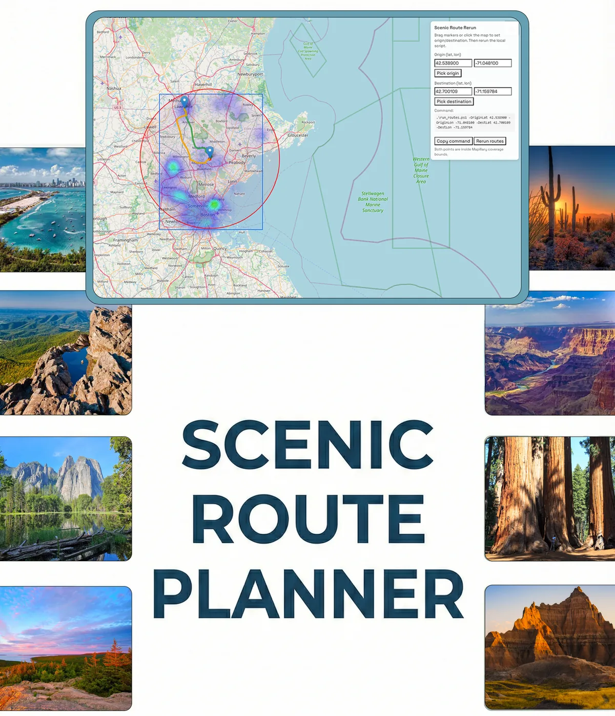 Natura scenic route planner map and imagery interface